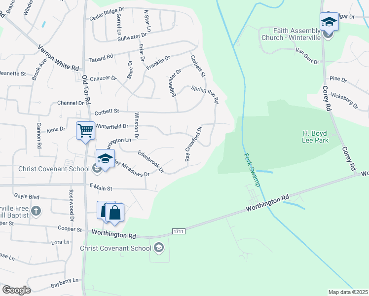 map of restaurants, bars, coffee shops, grocery stores, and more near 791 Ray Crawford Drive in Winterville