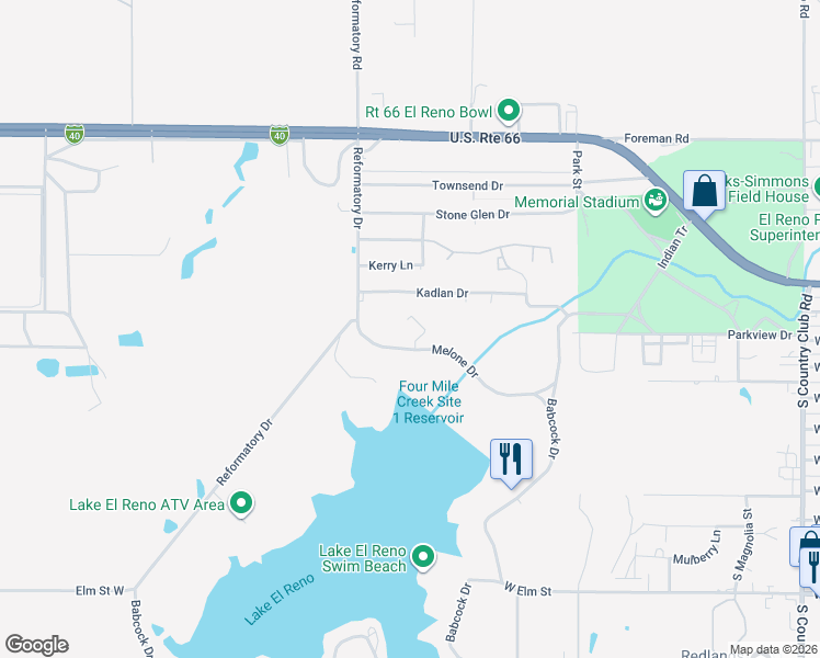 map of restaurants, bars, coffee shops, grocery stores, and more near 2600 Melone Drive in El Reno