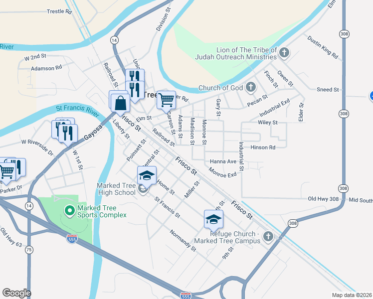 map of restaurants, bars, coffee shops, grocery stores, and more near 408 Madison Street in Marked Tree