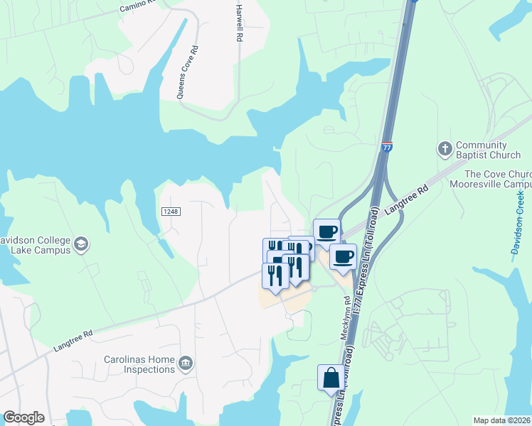 map of restaurants, bars, coffee shops, grocery stores, and more near 138 Lanyard Drive in Mooresville