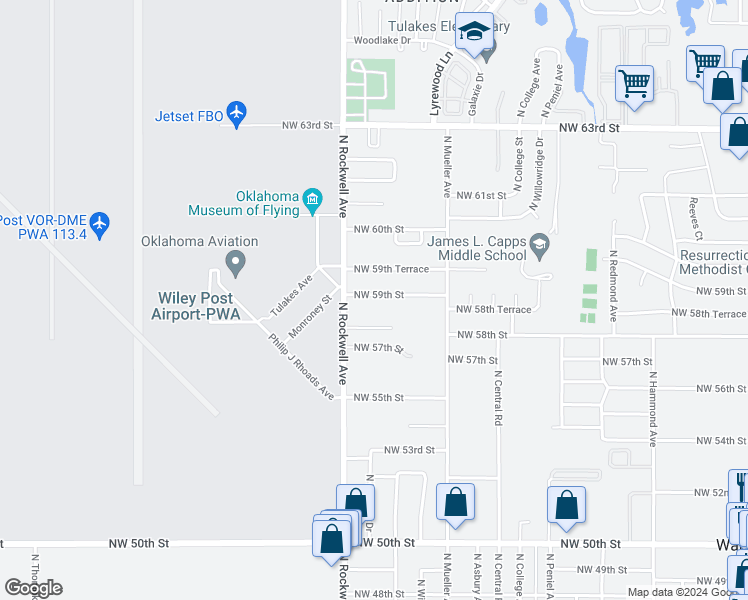 map of restaurants, bars, coffee shops, grocery stores, and more near 7004 Northwest 59th Street in Bethany