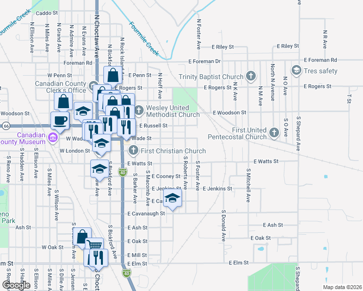 map of restaurants, bars, coffee shops, grocery stores, and more near 401 South Roberts Avenue in El Reno