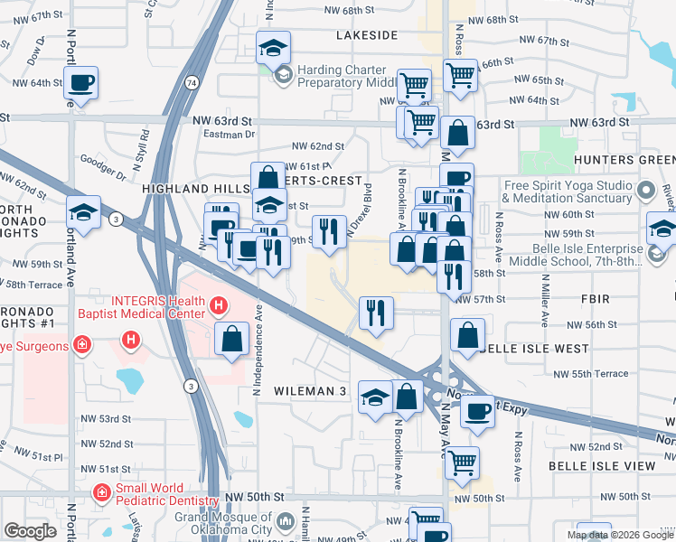 map of restaurants, bars, coffee shops, grocery stores, and more near 5900 Mosteller Drive in Oklahoma City