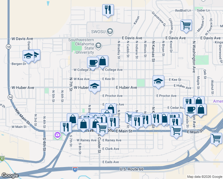 map of restaurants, bars, coffee shops, grocery stores, and more near 512 North State Street in Weatherford