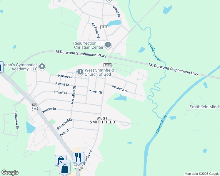 map of restaurants, bars, coffee shops, grocery stores, and more near 102 Sunset Ave in Smithfield