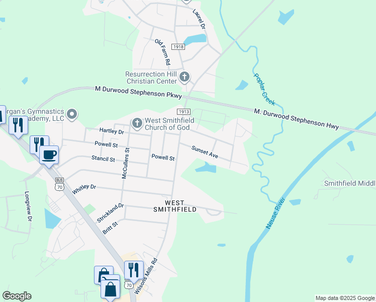 map of restaurants, bars, coffee shops, grocery stores, and more near 102 Sunset Ave in Smithfield