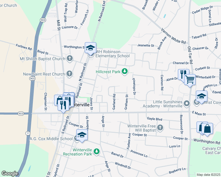 map of restaurants, bars, coffee shops, grocery stores, and more near 346 Johnson Lane in Winterville