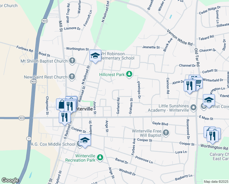 map of restaurants, bars, coffee shops, grocery stores, and more near 346 Johnson Lane in Winterville
