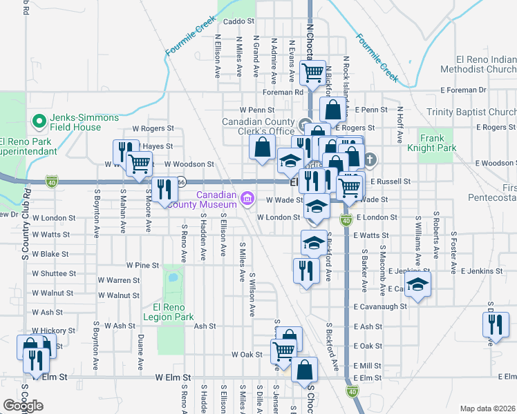map of restaurants, bars, coffee shops, grocery stores, and more near 319 South Grand Avenue in El Reno