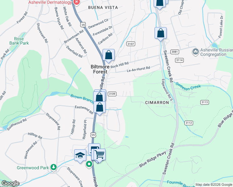 map of restaurants, bars, coffee shops, grocery stores, and more near 66 Round Top Road in Asheville