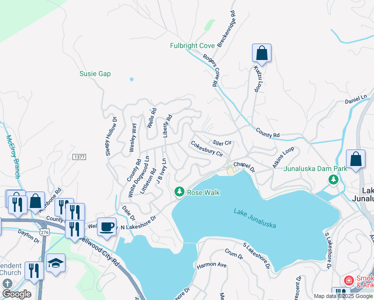 map of restaurants, bars, coffee shops, grocery stores, and more near 14 Lady Huntingdon Road in Lake Junaluska