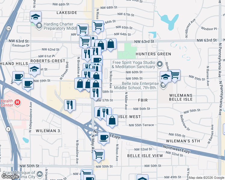 map of restaurants, bars, coffee shops, grocery stores, and more near 2746 Northwest 58th Street in Oklahoma City