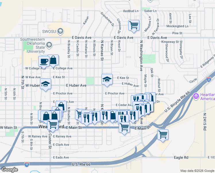 map of restaurants, bars, coffee shops, grocery stores, and more near 701 East Proctor Avenue in Weatherford