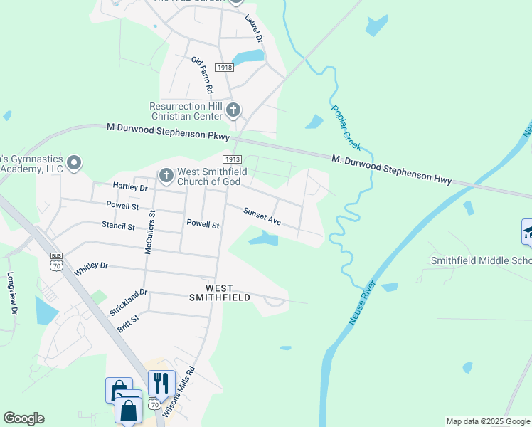 map of restaurants, bars, coffee shops, grocery stores, and more near 111 Sunset Avenue in Smithfield