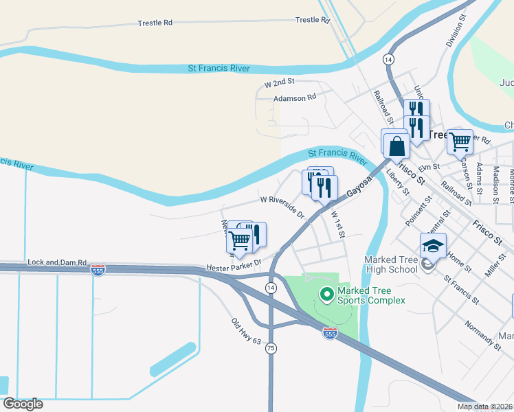 map of restaurants, bars, coffee shops, grocery stores, and more near 200 Cypress Street in Marked Tree