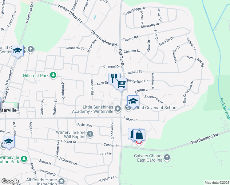 map of restaurants, bars, coffee shops, grocery stores, and more near 4814 Old Tar Road in Winterville