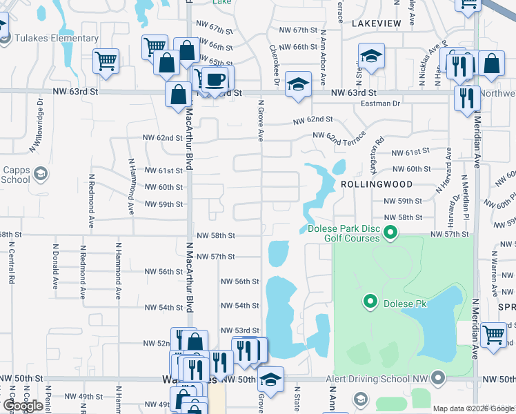 map of restaurants, bars, coffee shops, grocery stores, and more near 5928 North Grove Avenue in Oklahoma City