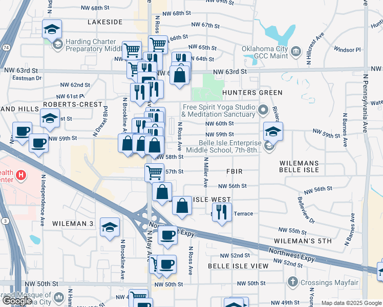 map of restaurants, bars, coffee shops, grocery stores, and more near 2717 Northwest 58th Street in Oklahoma City