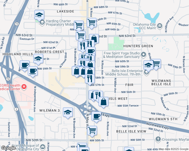 map of restaurants, bars, coffee shops, grocery stores, and more near 2825 Northwest 58th Street in Oklahoma City