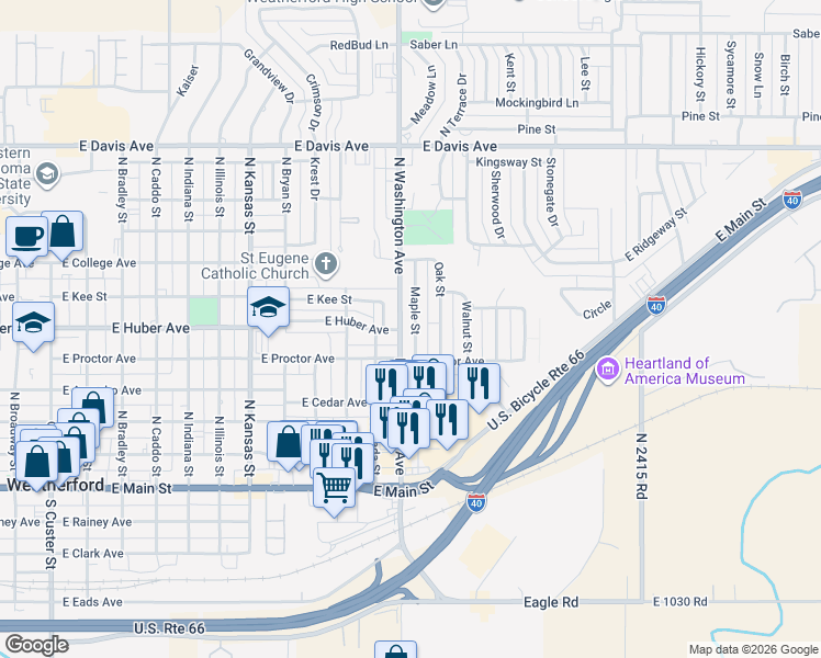 map of restaurants, bars, coffee shops, grocery stores, and more near 500 North Washington Avenue in Weatherford