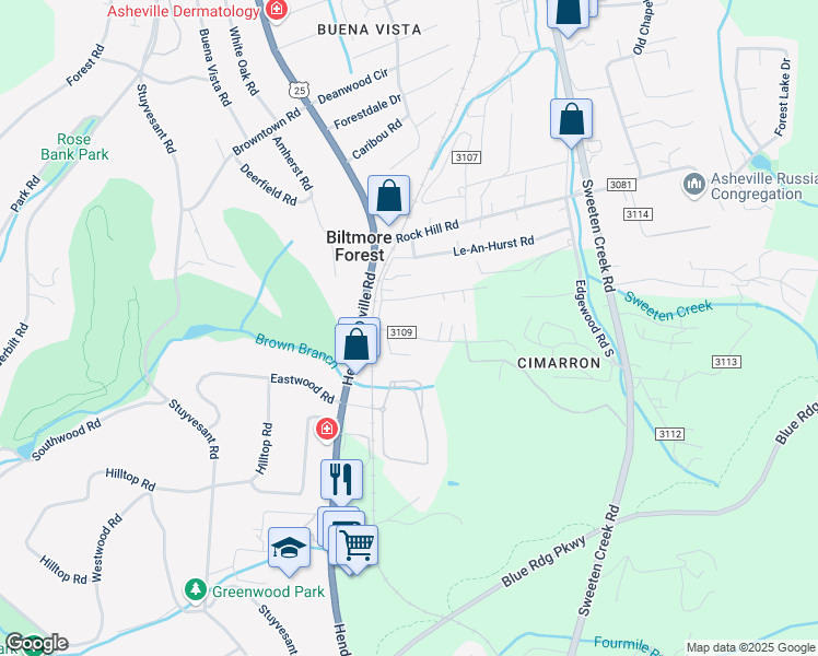 map of restaurants, bars, coffee shops, grocery stores, and more near 29 Mill Stone Drive in Asheville
