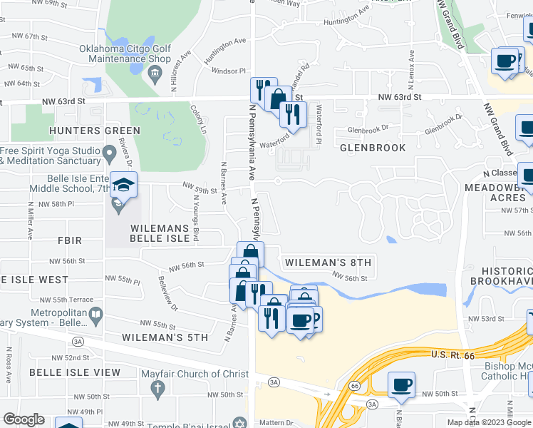 map of restaurants, bars, coffee shops, grocery stores, and more near 5810 North Pennsylvania Avenue in Oklahoma City