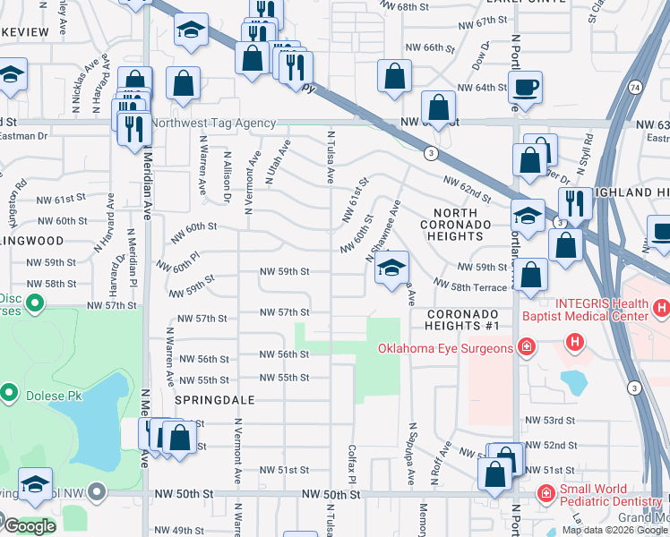 map of restaurants, bars, coffee shops, grocery stores, and more near 4010 Northwest 59th Street in Oklahoma City