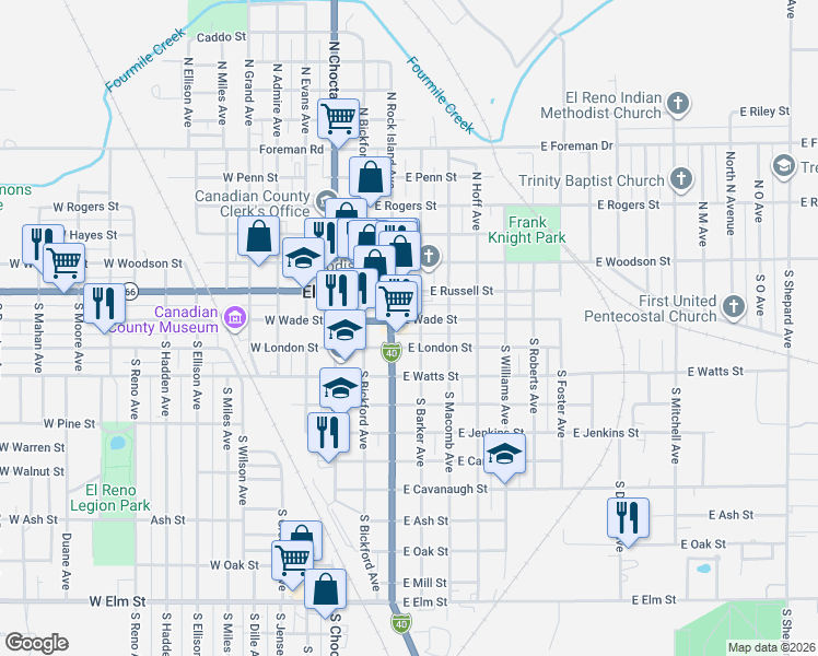 map of restaurants, bars, coffee shops, grocery stores, and more near 324 East London Street in El Reno