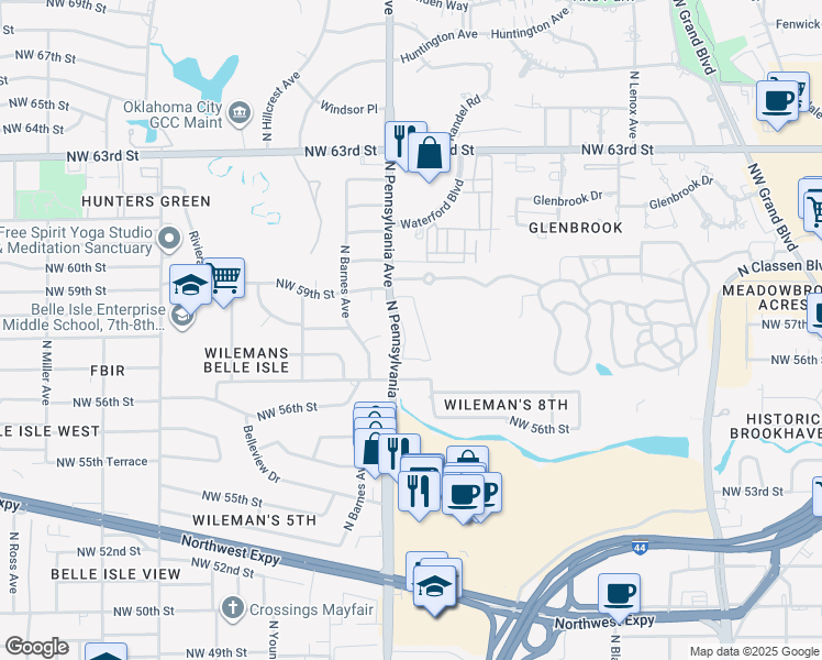 map of restaurants, bars, coffee shops, grocery stores, and more near 6000 North Pennsylvania Avenue in Oklahoma City