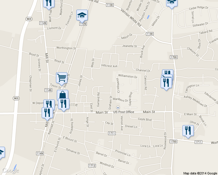 map of restaurants, bars, coffee shops, grocery stores, and more near 2506 Graham Street in Winterville