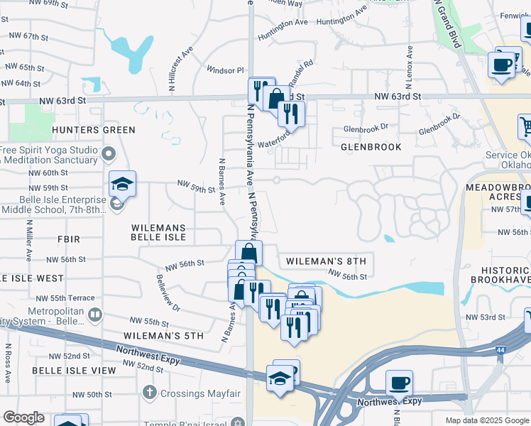 map of restaurants, bars, coffee shops, grocery stores, and more near 5810 North Pennsylvania Avenue in Oklahoma City