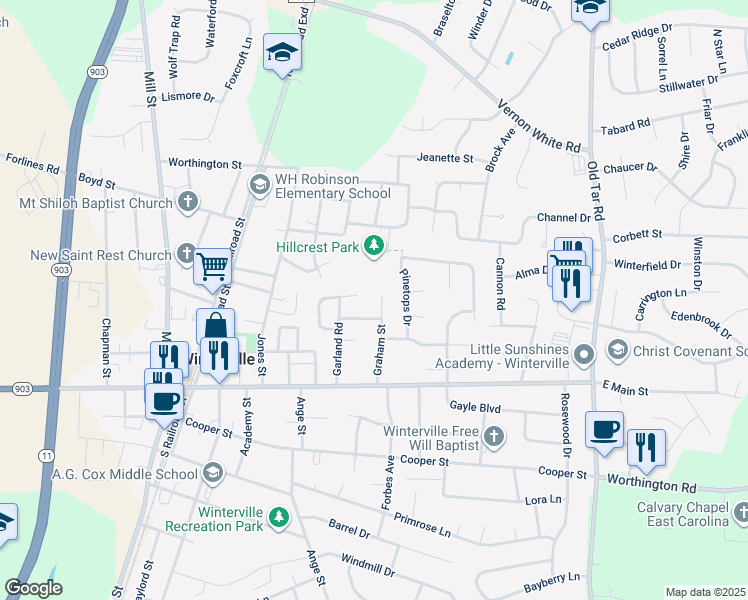 map of restaurants, bars, coffee shops, grocery stores, and more near 2506 Graham Street in Winterville