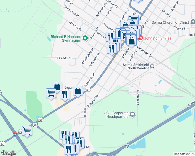 map of restaurants, bars, coffee shops, grocery stores, and more near 801 South Pollock Street in Selma