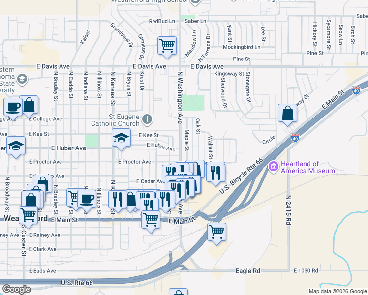 map of restaurants, bars, coffee shops, grocery stores, and more near 500 North Washington Avenue in Weatherford
