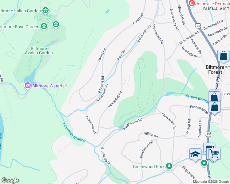 map of restaurants, bars, coffee shops, grocery stores, and more near 410 Vanderbilt Road in Biltmore Forest