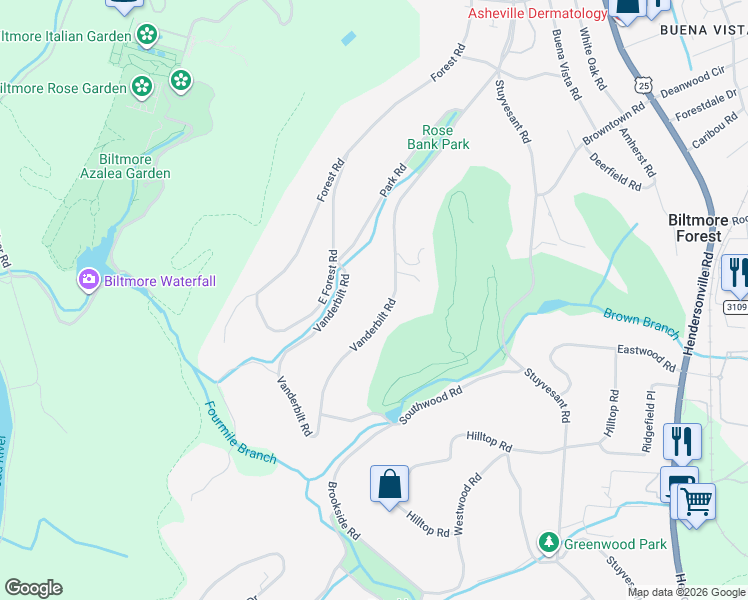 map of restaurants, bars, coffee shops, grocery stores, and more near 410 Vanderbilt Road in Biltmore Forest