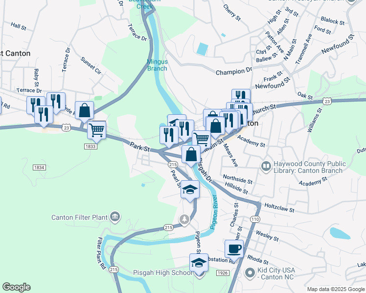 map of restaurants, bars, coffee shops, grocery stores, and more near 21 U.S. 19 in Canton