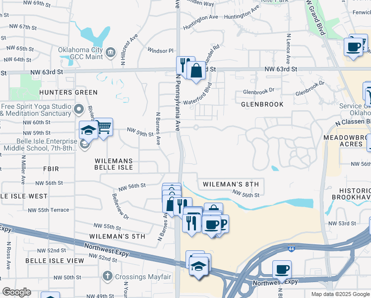 map of restaurants, bars, coffee shops, grocery stores, and more near 5810 North Pennsylvania Avenue in Oklahoma City