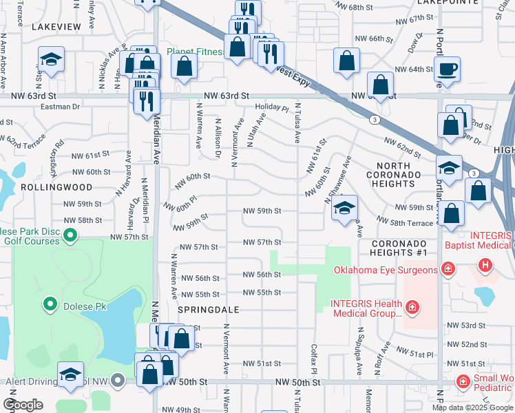 map of restaurants, bars, coffee shops, grocery stores, and more near 4137 Northwest 58th Street in Oklahoma City
