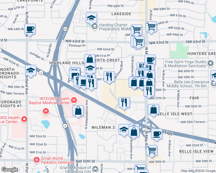 map of restaurants, bars, coffee shops, grocery stores, and more near 2706 N Classen Blvd in Oklahoma City