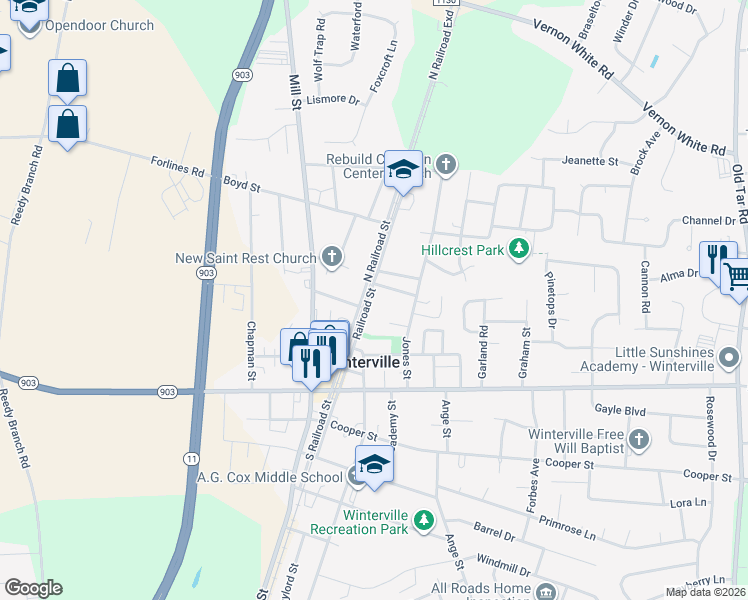 map of restaurants, bars, coffee shops, grocery stores, and more near 2501 Railroad Street in Winterville