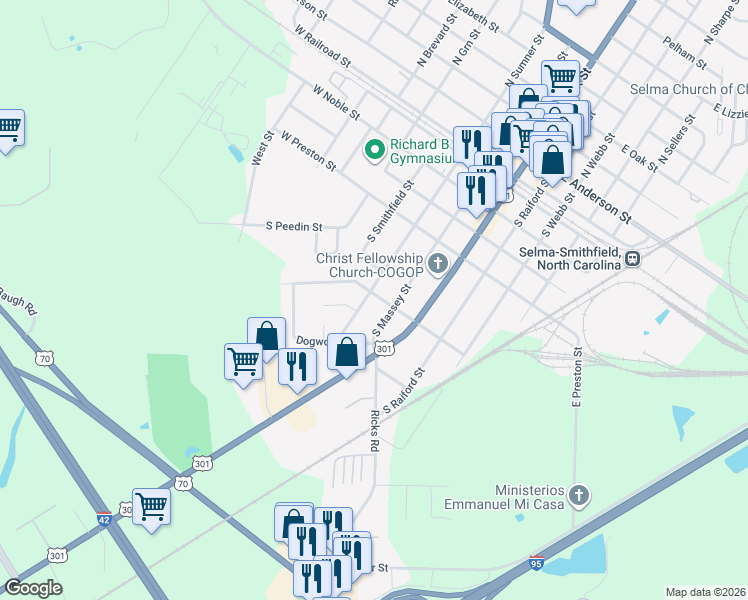 map of restaurants, bars, coffee shops, grocery stores, and more near 311 Jones Avenue in Selma