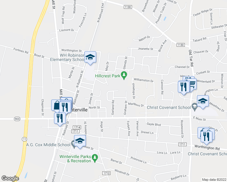 map of restaurants, bars, coffee shops, grocery stores, and more near Johnson Lane in Winterville