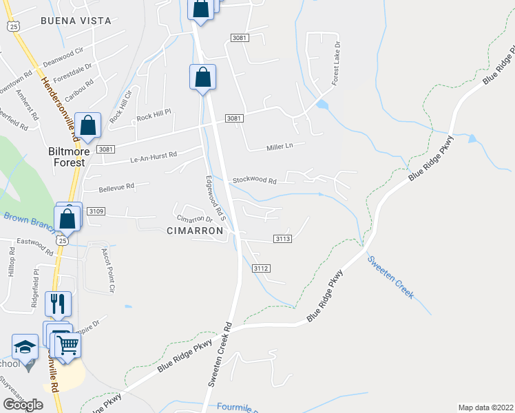map of restaurants, bars, coffee shops, grocery stores, and more near Woodstream Lane in Asheville