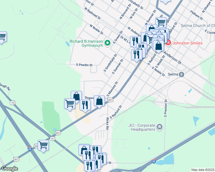 map of restaurants, bars, coffee shops, grocery stores, and more near 311 Jones Avenue in Selma