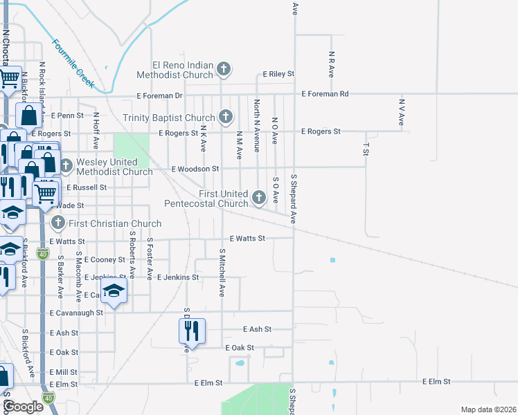 map of restaurants, bars, coffee shops, grocery stores, and more near 241 South N Avenue in El Reno