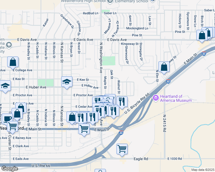 map of restaurants, bars, coffee shops, grocery stores, and more near 618 Oak Street in Weatherford
