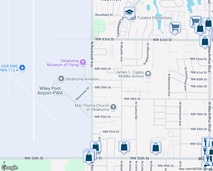 map of restaurants, bars, coffee shops, grocery stores, and more near 7001 Northwest 59th Terrace in Bethany