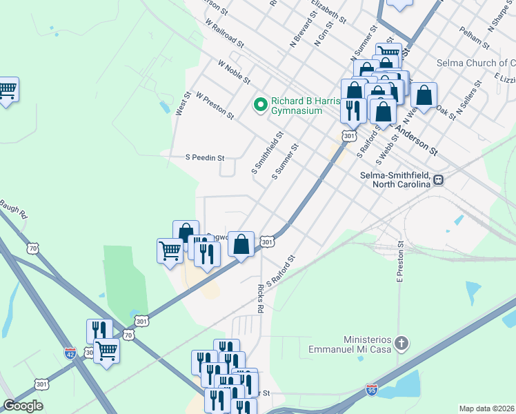 map of restaurants, bars, coffee shops, grocery stores, and more near 627 South Sumner Street in Selma