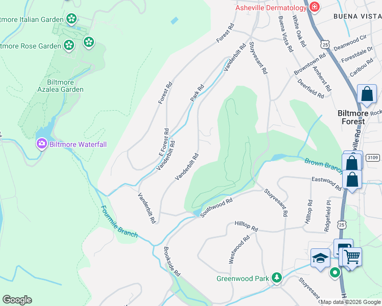 map of restaurants, bars, coffee shops, grocery stores, and more near 401 Vanderbilt Road in Biltmore Forest